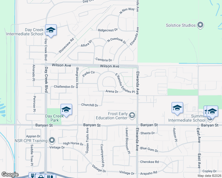 map of restaurants, bars, coffee shops, grocery stores, and more near 12732 Arena Drive in Rancho Cucamonga