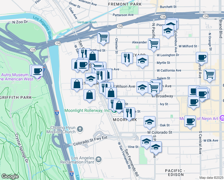 map of restaurants, bars, coffee shops, grocery stores, and more near 714 West Wilson Avenue in Glendale