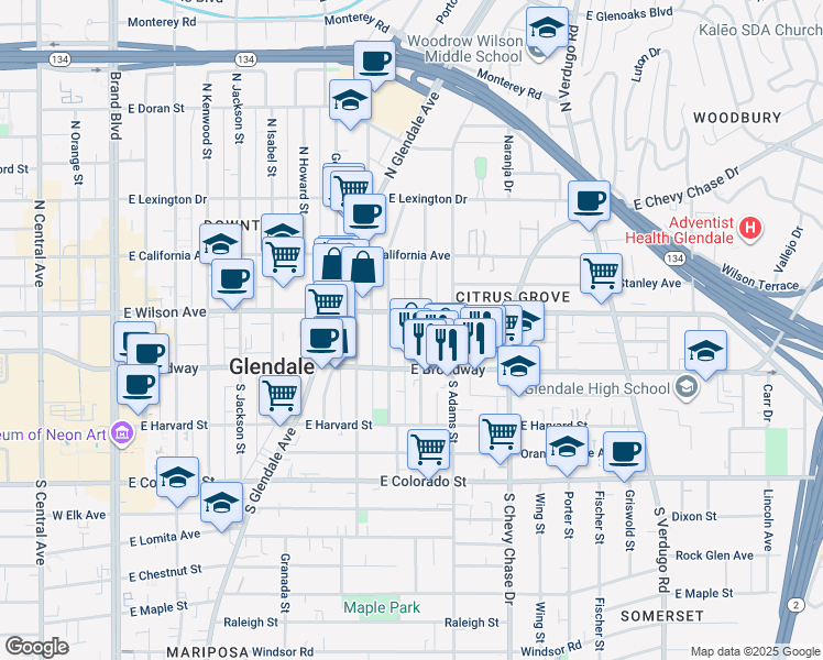 map of restaurants, bars, coffee shops, grocery stores, and more near 131 North Belmont Street in Glendale