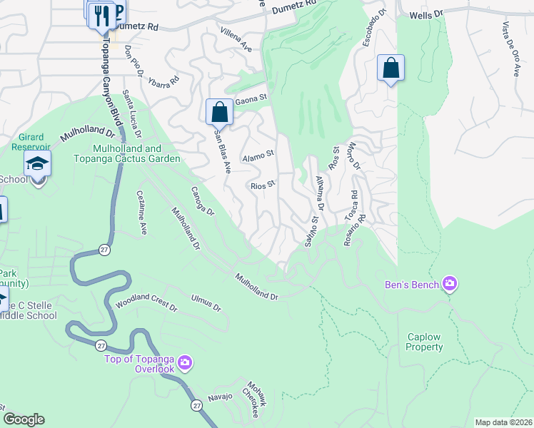 map of restaurants, bars, coffee shops, grocery stores, and more near 21436 Golondrina Street in Los Angeles