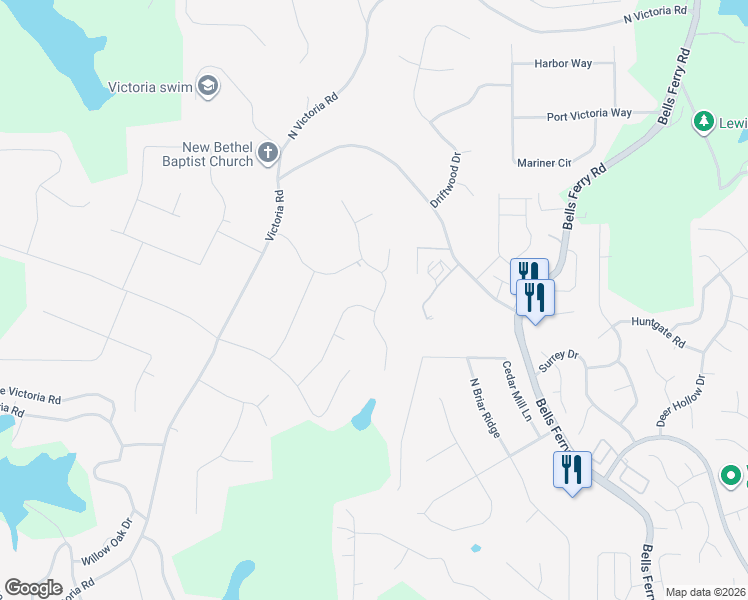 map of restaurants, bars, coffee shops, grocery stores, and more near 1413 Reed Lane in Woodstock
