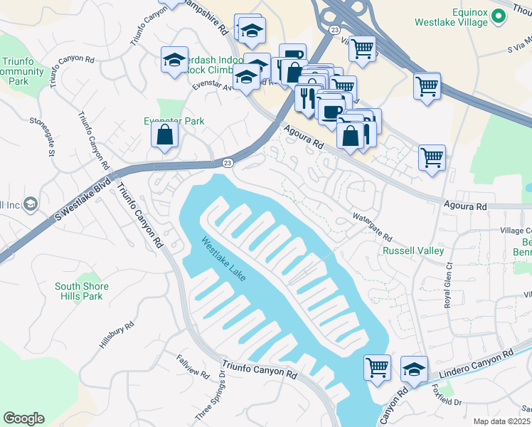 map of restaurants, bars, coffee shops, grocery stores, and more near 1317 Southwind Circle in Westlake Village