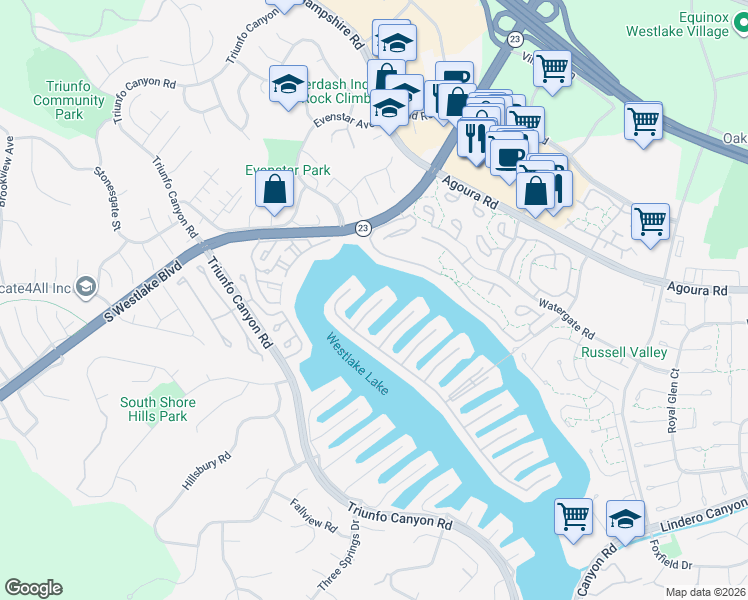 map of restaurants, bars, coffee shops, grocery stores, and more near 1307 Bluesail Circle in Westlake Village