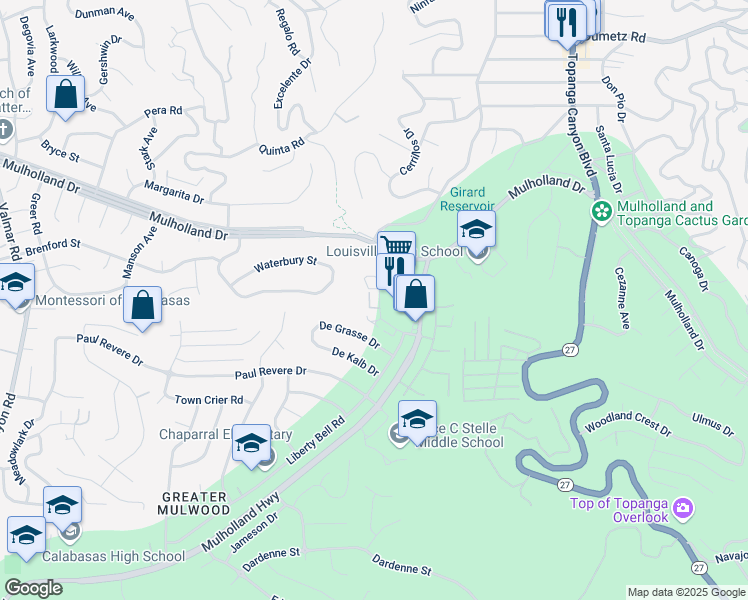 map of restaurants, bars, coffee shops, grocery stores, and more near 4327 Freedom Drive in Calabasas