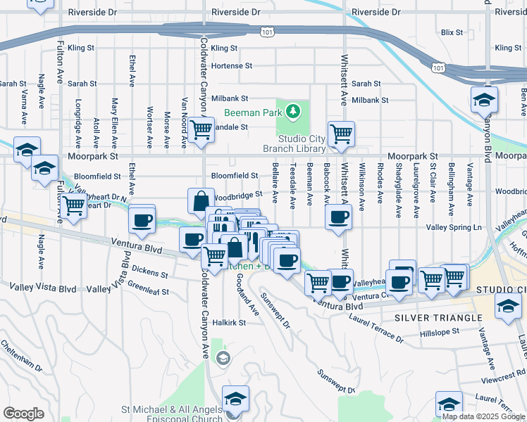 map of restaurants, bars, coffee shops, grocery stores, and more near 4224 Bluebell Avenue in Los Angeles