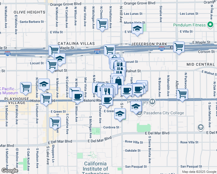 map of restaurants, bars, coffee shops, grocery stores, and more near 85 North Holliston Avenue in Pasadena