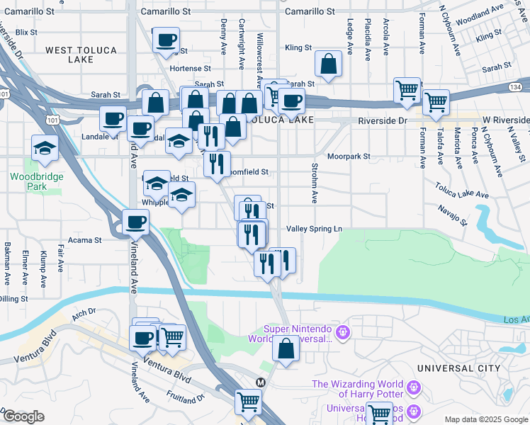 map of restaurants, bars, coffee shops, grocery stores, and more near 10620 Whipple Street in North Hollywood