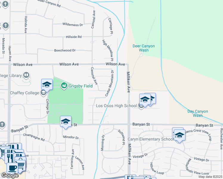 map of restaurants, bars, coffee shops, grocery stores, and more near 5969 Cedar Mountain Drive in Rancho Cucamonga