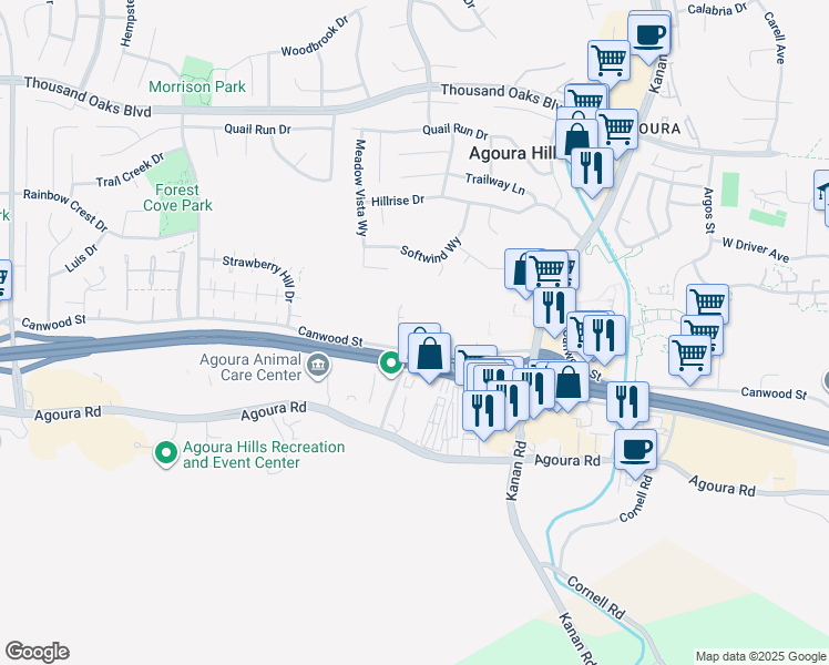 map of restaurants, bars, coffee shops, grocery stores, and more near 29353 Canwood Street in Agoura Hills