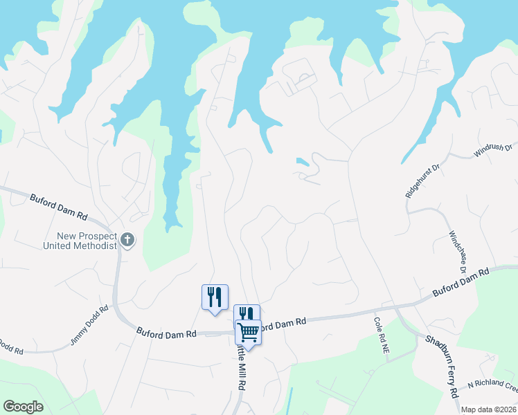 map of restaurants, bars, coffee shops, grocery stores, and more near 6085 Lake Windsor Parkway in Buford