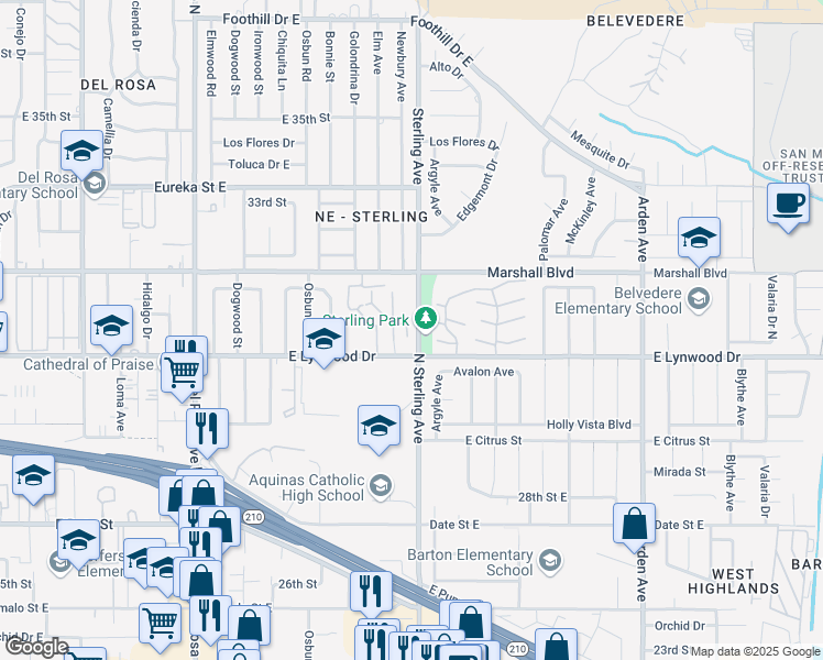 map of restaurants, bars, coffee shops, grocery stores, and more near 1974 East Lynwood Drive in San Bernardino