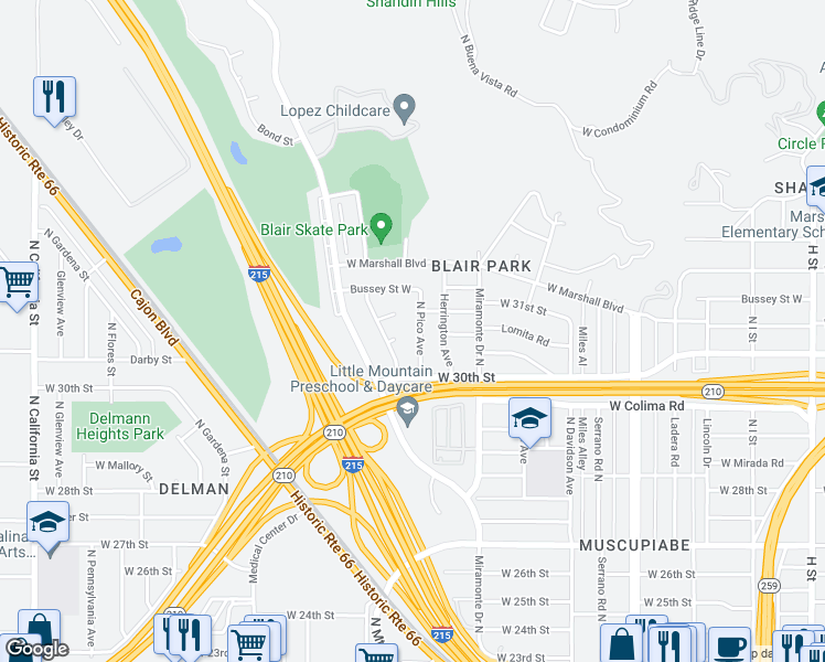 map of restaurants, bars, coffee shops, grocery stores, and more near 3058 North Pico Avenue in San Bernardino