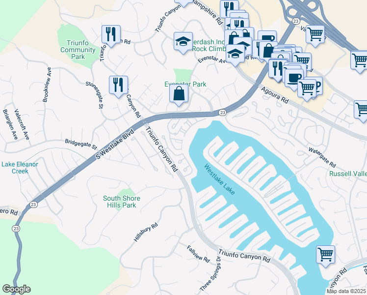 map of restaurants, bars, coffee shops, grocery stores, and more near 1228 South Westlake Boulevard in Westlake Village