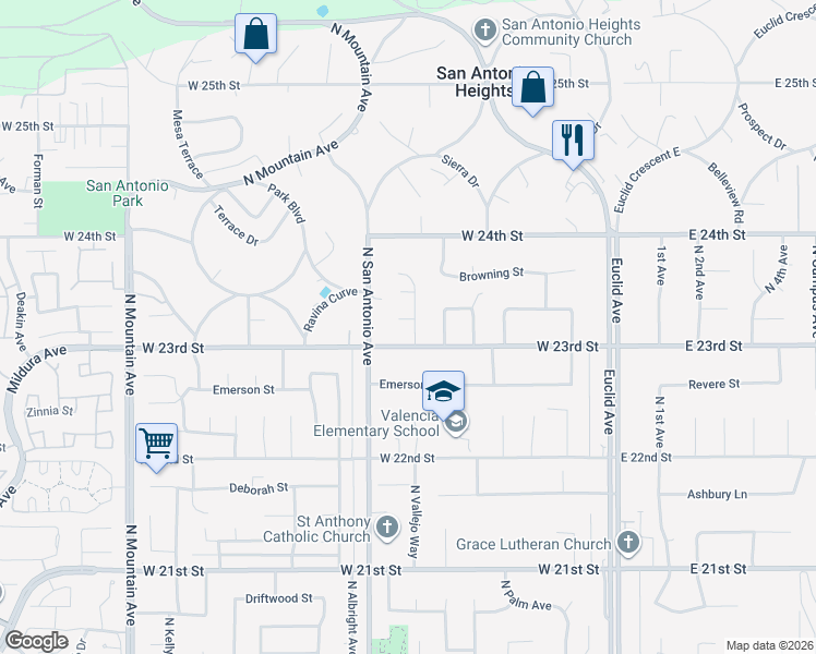 map of restaurants, bars, coffee shops, grocery stores, and more near 680 Byron Court in Upland