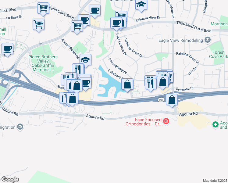 map of restaurants, bars, coffee shops, grocery stores, and more near 5342 Captains Place in Agoura Hills