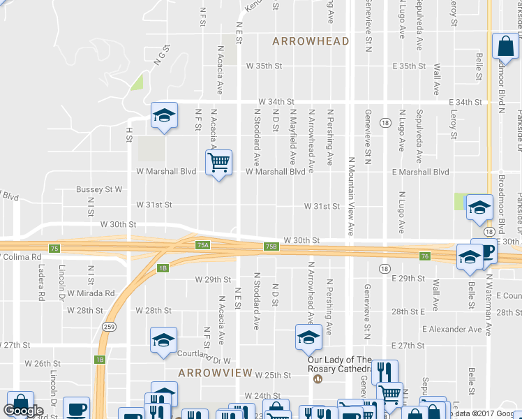 map of restaurants, bars, coffee shops, grocery stores, and more near 3087 North Stoddard Avenue in San Bernardino