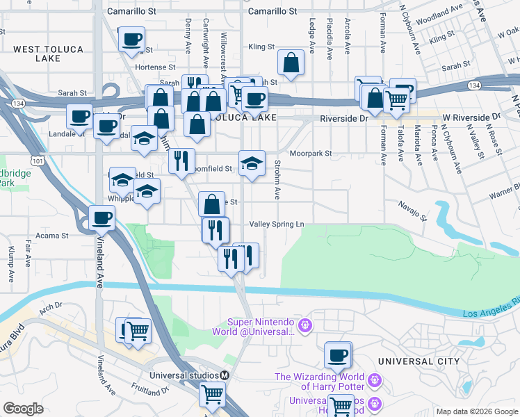 map of restaurants, bars, coffee shops, grocery stores, and more near 10530 Whipple St in Los Angeles