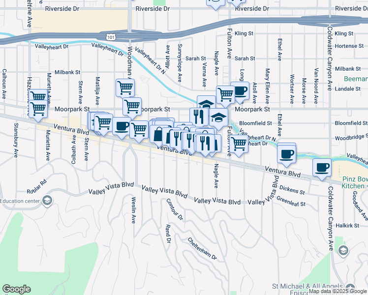 map of restaurants, bars, coffee shops, grocery stores, and more near 13451 Ventura Boulevard in Los Angeles