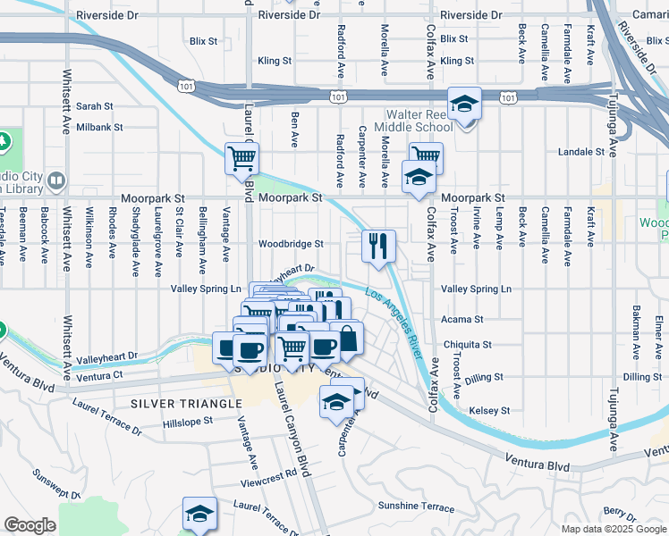 map of restaurants, bars, coffee shops, grocery stores, and more near 4201 Radford Avenue in Los Angeles