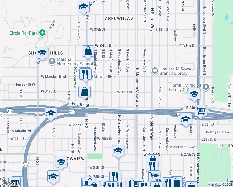 map of restaurants, bars, coffee shops, grocery stores, and more near 3098 North Arrowhead Avenue in San Bernardino