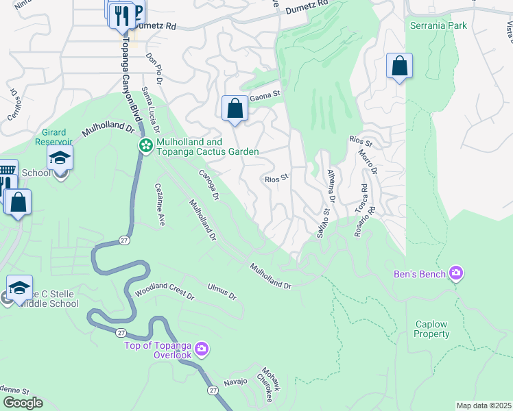 map of restaurants, bars, coffee shops, grocery stores, and more near 21437 Iglesia Drive in Los Angeles