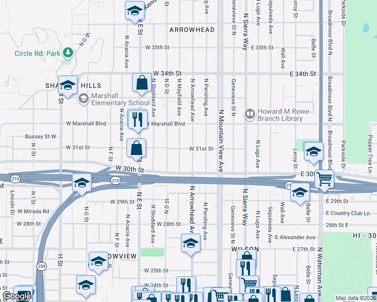 map of restaurants, bars, coffee shops, grocery stores, and more near 3098 North Arrowhead Avenue in San Bernardino