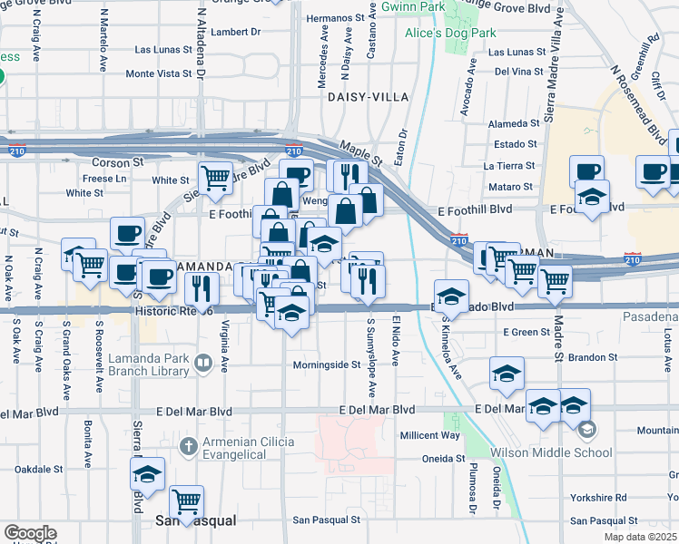 map of restaurants, bars, coffee shops, grocery stores, and more near 2822 East Walnut Street in Pasadena