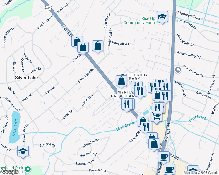 map of restaurants, bars, coffee shops, grocery stores, and more near 5044 U.S. 421 in Wilmington