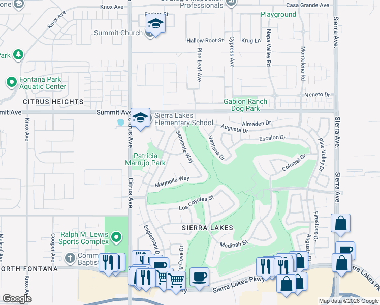 map of restaurants, bars, coffee shops, grocery stores, and more near 5859 Seminole Way in Fontana