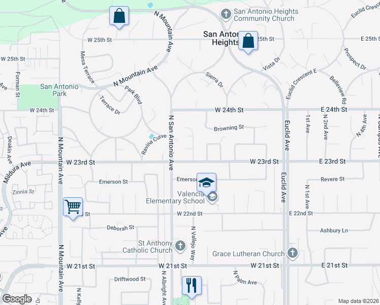 map of restaurants, bars, coffee shops, grocery stores, and more near 680 Byron Court in Upland