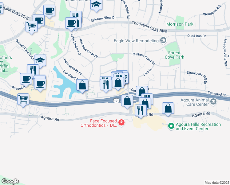 map of restaurants, bars, coffee shops, grocery stores, and more near 30343 Canwood Street in Agoura Hills