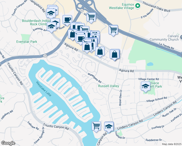 map of restaurants, bars, coffee shops, grocery stores, and more near 1202 Landsburn Circle in Westlake Village