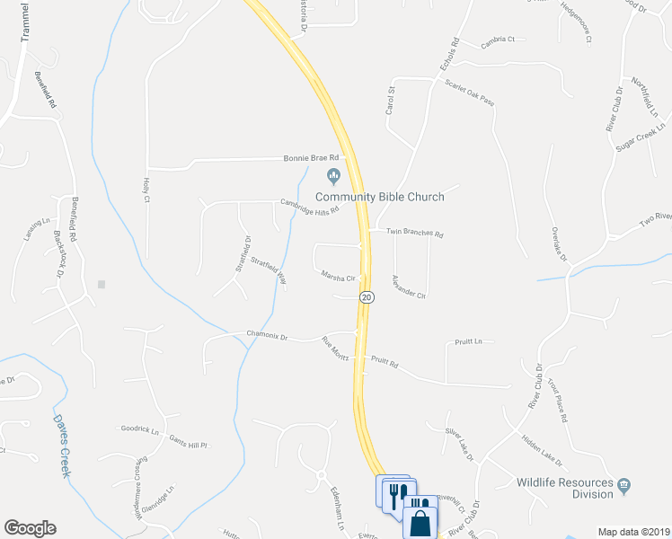 map of restaurants, bars, coffee shops, grocery stores, and more near 2595 Marsha Circle in Cumming