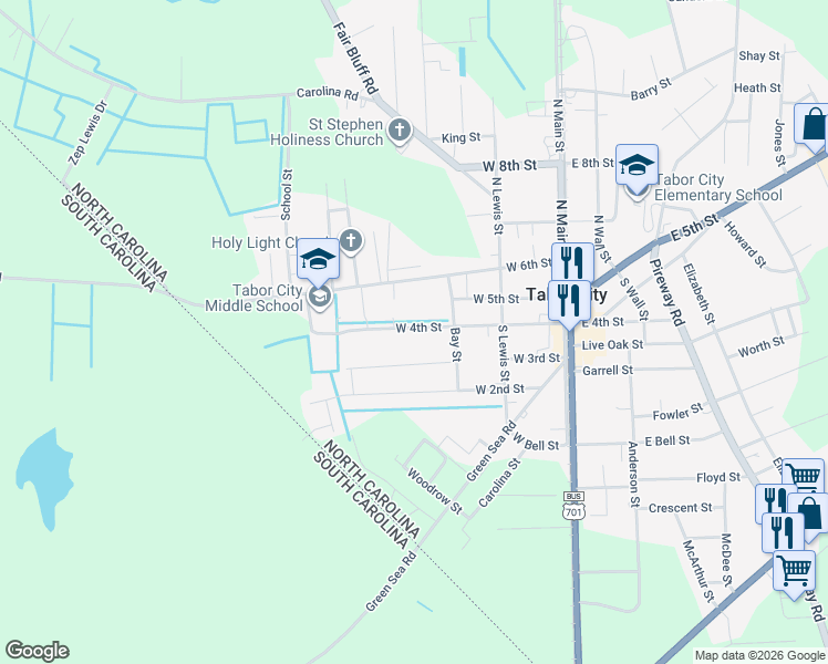 map of restaurants, bars, coffee shops, grocery stores, and more near 305 West 4th Street in Tabor City
