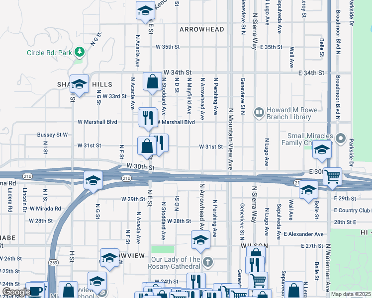 map of restaurants, bars, coffee shops, grocery stores, and more near 3096 North Mayfield Avenue in San Bernardino