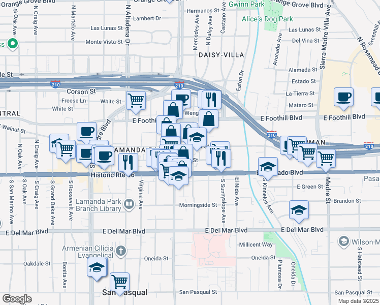 map of restaurants, bars, coffee shops, grocery stores, and more near 79 North Daisy Avenue in Pasadena