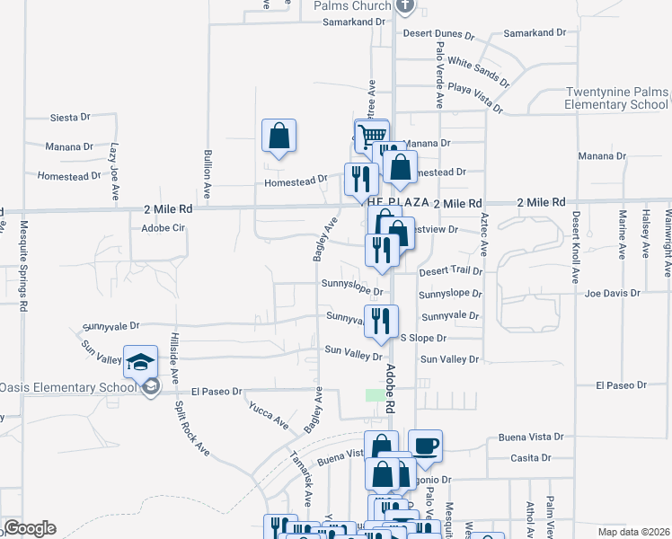 map of restaurants, bars, coffee shops, grocery stores, and more near 73590 Sunnyslope Drive in Twentynine Palms