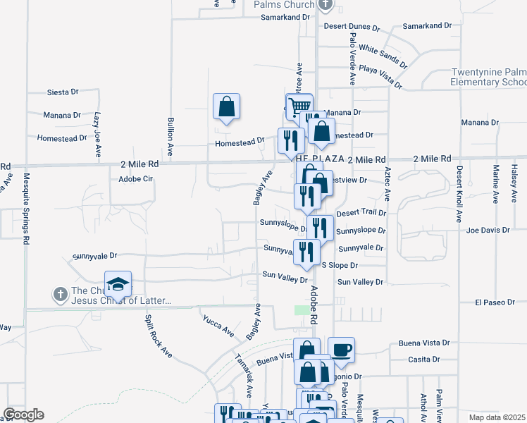 map of restaurants, bars, coffee shops, grocery stores, and more near 5839 Bagley Avenue in Twentynine Palms