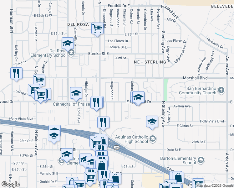 map of restaurants, bars, coffee shops, grocery stores, and more near 5855 Dogwood Street in San Bernardino