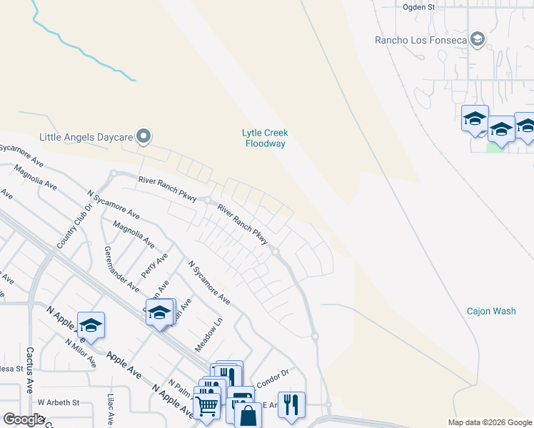 map of restaurants, bars, coffee shops, grocery stores, and more near 355 E Country Club Dr in Rialto