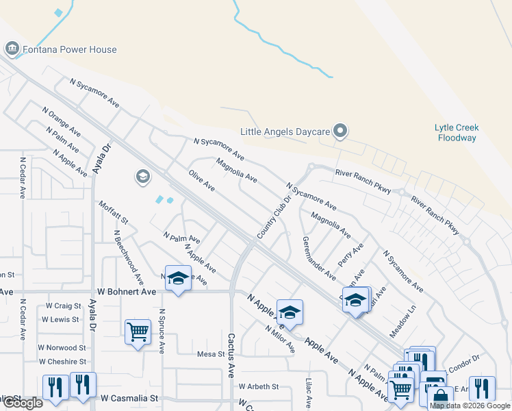 map of restaurants, bars, coffee shops, grocery stores, and more near 5855 Olive Avenue in Rialto