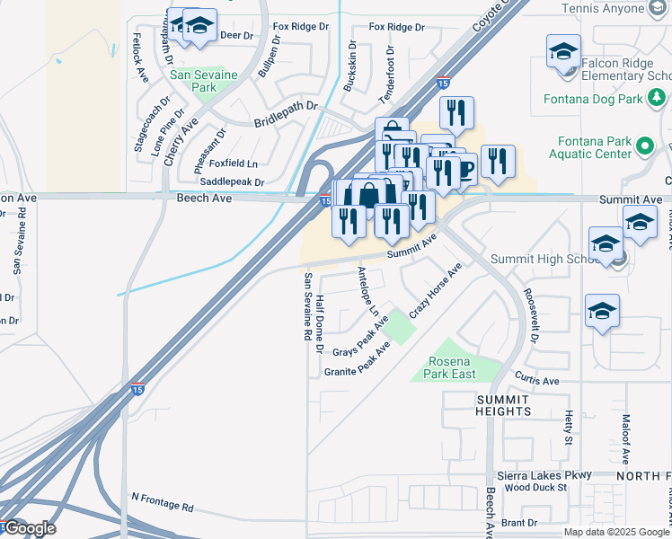 map of restaurants, bars, coffee shops, grocery stores, and more near 14952 Mount Palomar Lane in Fontana