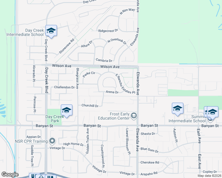 map of restaurants, bars, coffee shops, grocery stores, and more near 12716 Arena Drive in Rancho Cucamonga
