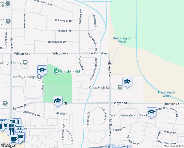 map of restaurants, bars, coffee shops, grocery stores, and more near 5969 Cedar Mountain Drive in Rancho Cucamonga
