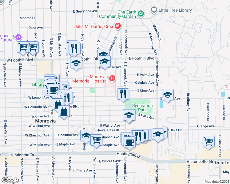 map of restaurants, bars, coffee shops, grocery stores, and more near 615 East Lemon Avenue in Monrovia