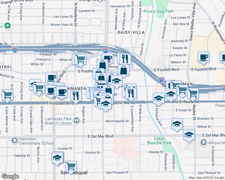 map of restaurants, bars, coffee shops, grocery stores, and more near 77 North Daisy Avenue in Pasadena