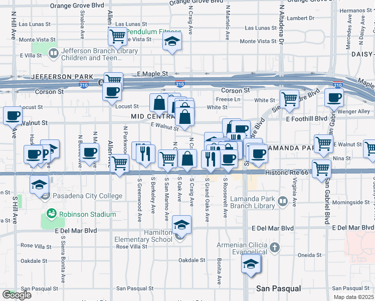 map of restaurants, bars, coffee shops, grocery stores, and more near 64 North Oak Avenue in Pasadena