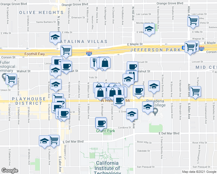 map of restaurants, bars, coffee shops, grocery stores, and more near 90 North Michigan Avenue in Pasadena