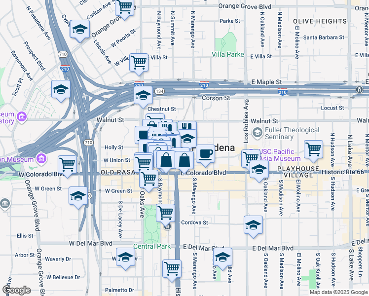 map of restaurants, bars, coffee shops, grocery stores, and more near 75 North Marengo Avenue in Pasadena