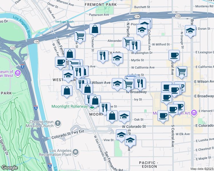 map of restaurants, bars, coffee shops, grocery stores, and more near 616 West Wilson Avenue in Glendale